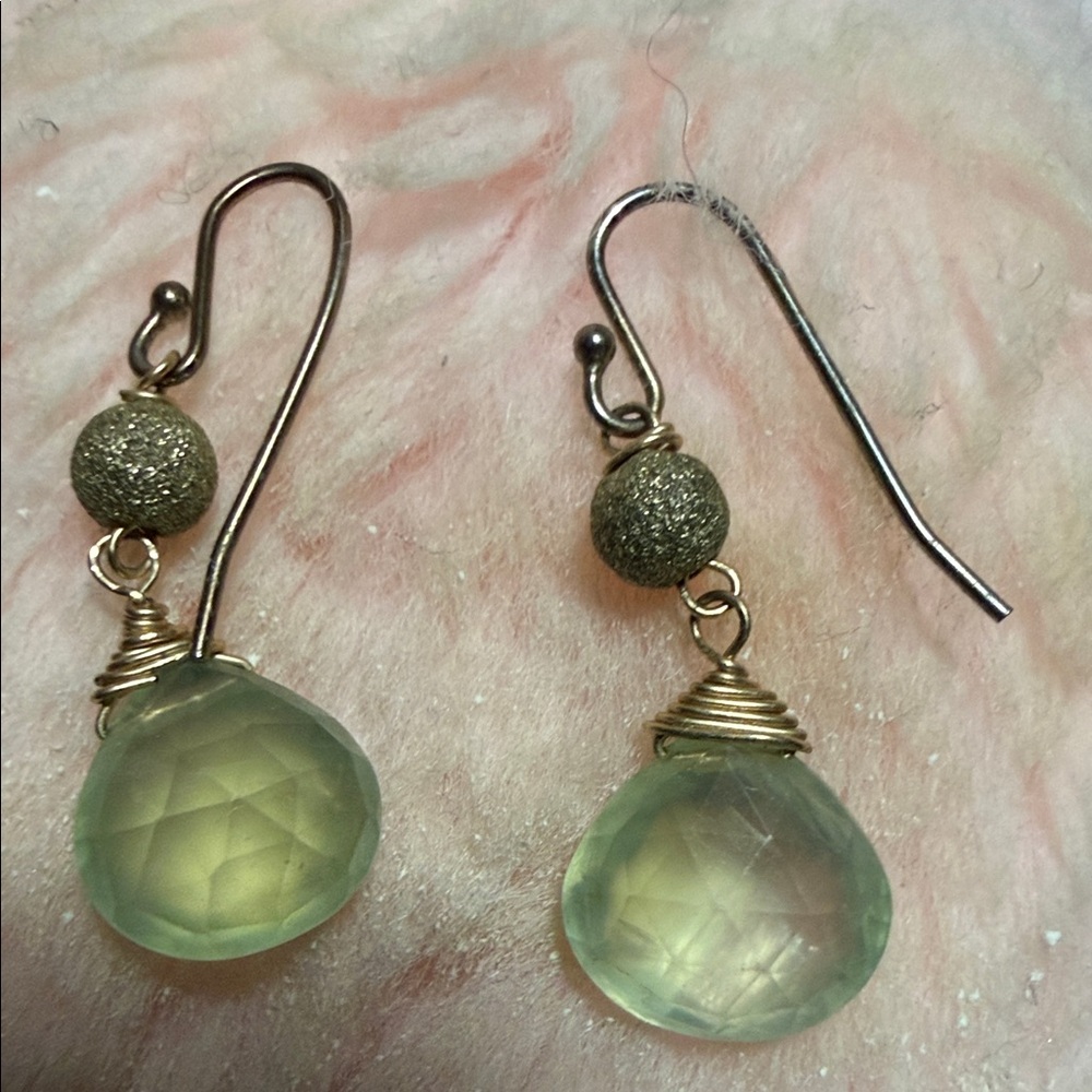 Prehnite Green Drop Earrings with Textured Gold Beads